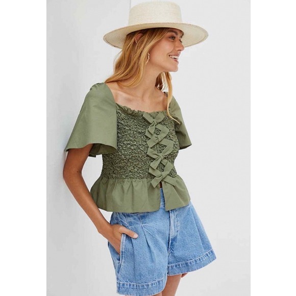 Anthropologie Tops - Anthropologie Mare Mare Smocked Bow Tie Top S Olive‎ Green Square Neck Boho